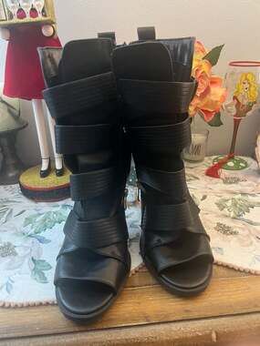 DKNY Women's Black Peep Toe Multi-Strap Moto Heel Boots Size 11M